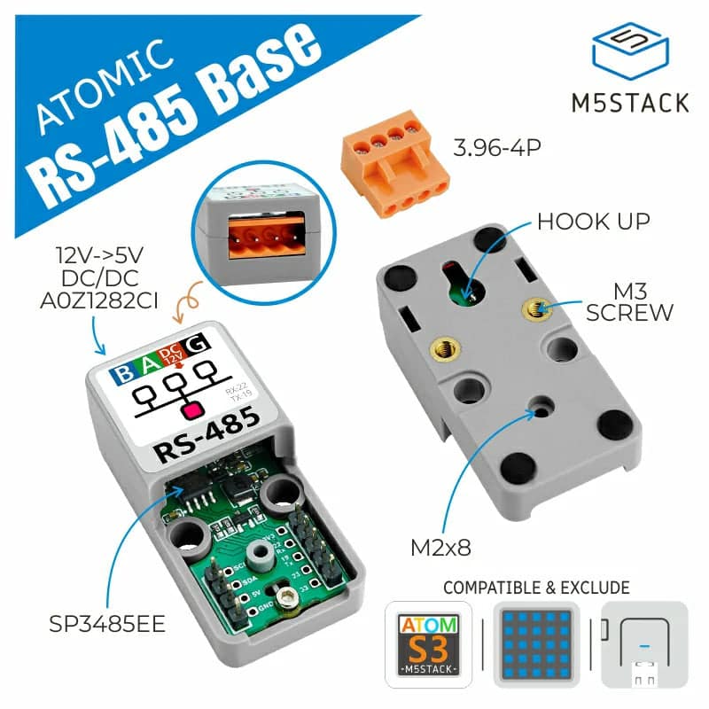 ATOMIC RS485 Base terminal block — F1/F2 from the wall controller wire to A/B, 12V supply to DC and GND